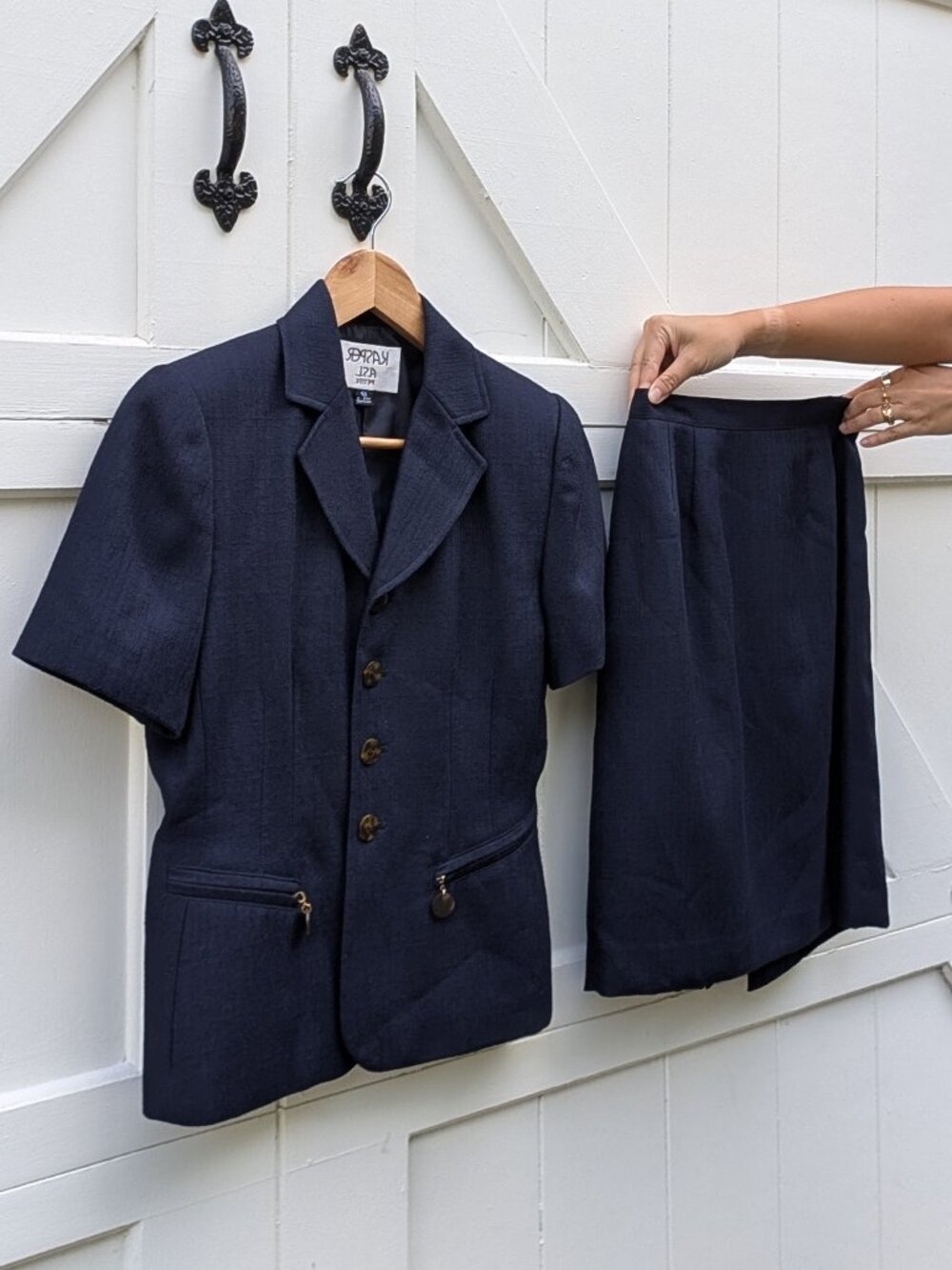 Vintage Kasper ASL Petite Navy Blue Linen Look Short Sleeve Skirt Suit Set 4P